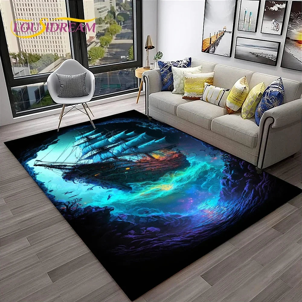 3D Pirate Ship Boat,Sailboat,Barque Carpet Rug for Home Living Room Bedroom Sofa Doormat Decor,kids Area Rug Non-slip Floor Mat