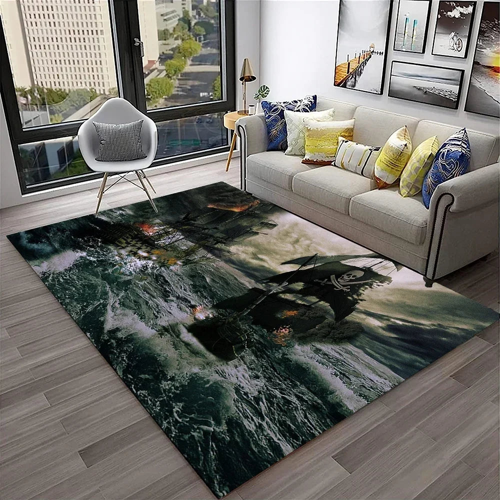 3D Pirate Ship Boat,Sailboat,Barque Carpet Rug for Home Living Room Bedroom Sofa Doormat Decor,kids Area Rug Non-slip Floor Mat