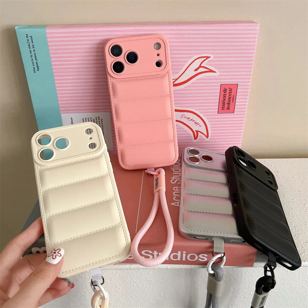 Soft Down Jacket Silicone Case For iPhone 17 16 15 14 13 12 11 Pro Max Plus Air Shockproof Camera Protection Wrist Strap Cover