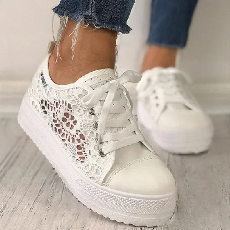 Women Shoes 2025 Fashion Summer Casual White Shoes Cutouts Lace Canvas Hollow Breathable Platform Flat Shoes Woman Sneakers