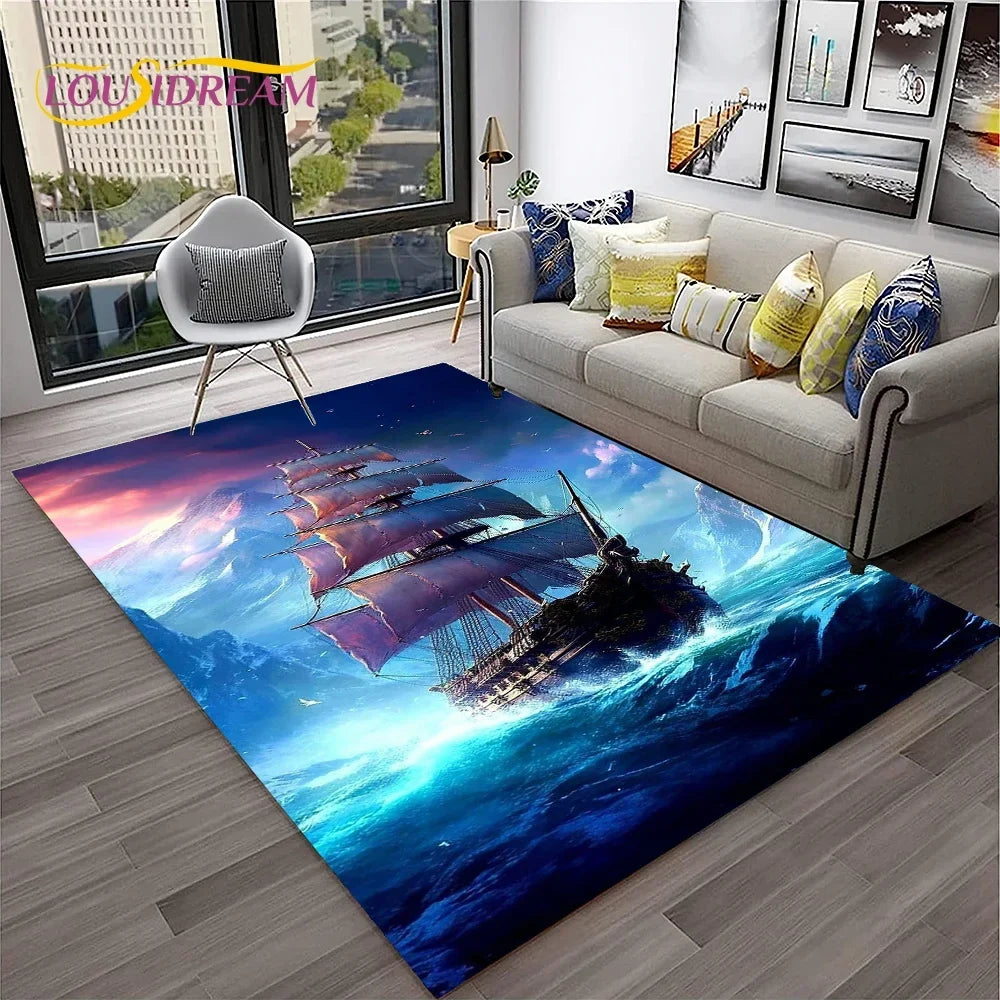 3D Pirate Ship Boat,Sailboat,Barque Carpet Rug for Home Living Room Bedroom Sofa Doormat Decor,kids Area Rug Non-slip Floor Mat