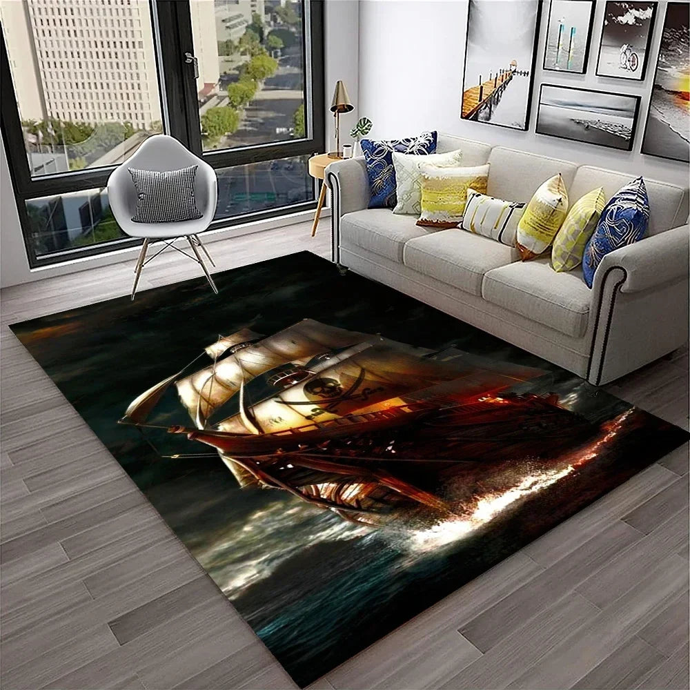 3D Pirate Ship Boat,Sailboat,Barque Carpet Rug for Home Living Room Bedroom Sofa Doormat Decor,kids Area Rug Non-slip Floor Mat