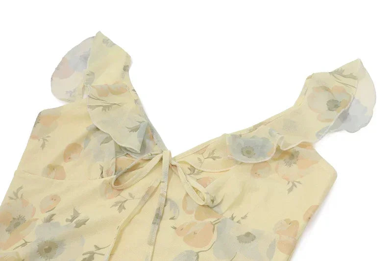 Yellow Floral Maxi Dress | Retro V-Neck Summer Party Gown -femstylo
