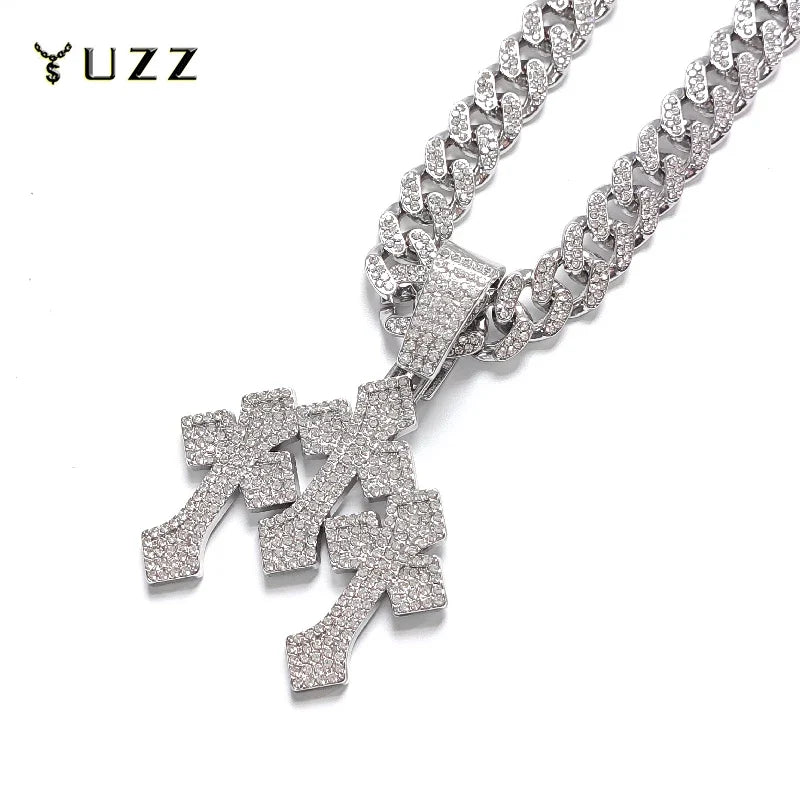 New Iced Out Stacked Crosses Pendant Necklaces for Men With 13mm Cuban Chain Hip Hop Cross Rhinestone Jewelry pendant Gift