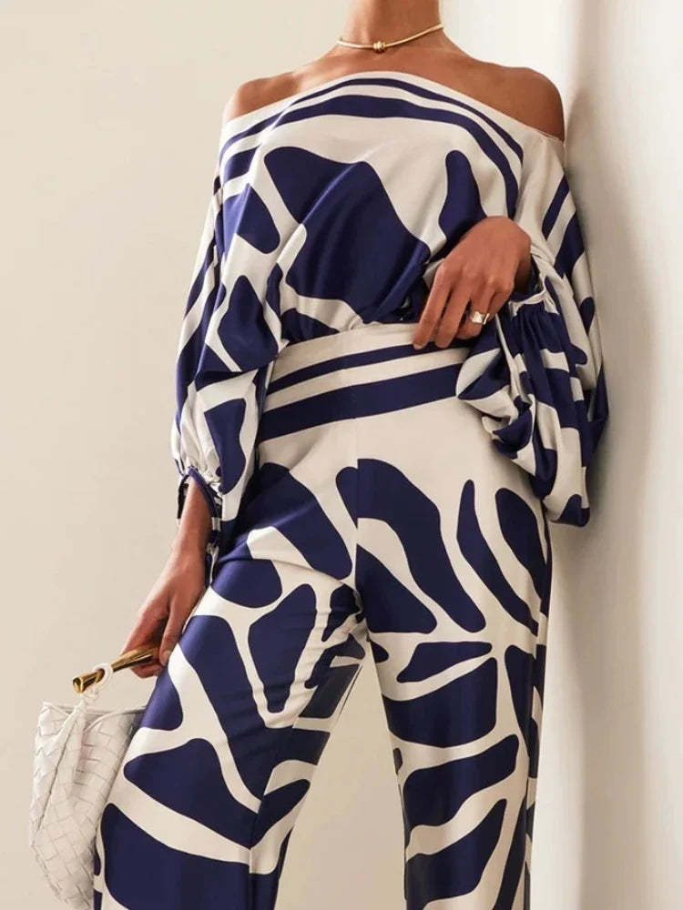 Women's Printed Satin 2-piece Set, Off Shoulder Lantern Sleeve Top, Wide Leg Pants, Elegant Office Shirt Traf Official Store