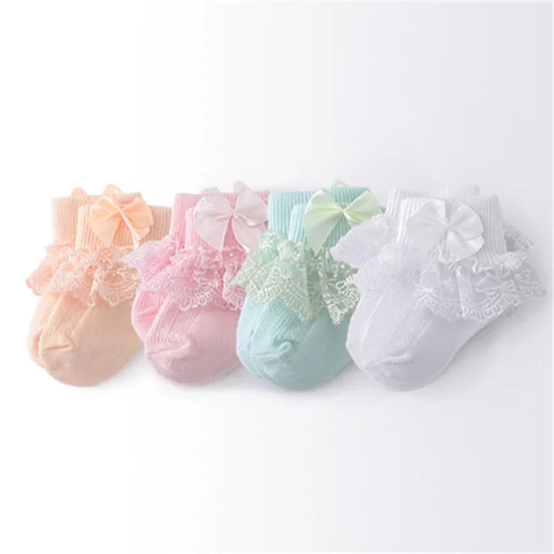 Lawadka 4Pairs/lot Newborn Baby Socks For Girls Cotton Lace Infant Girls Sock Princess Bow Toddler Baby Girls Socks Spring 0-24M