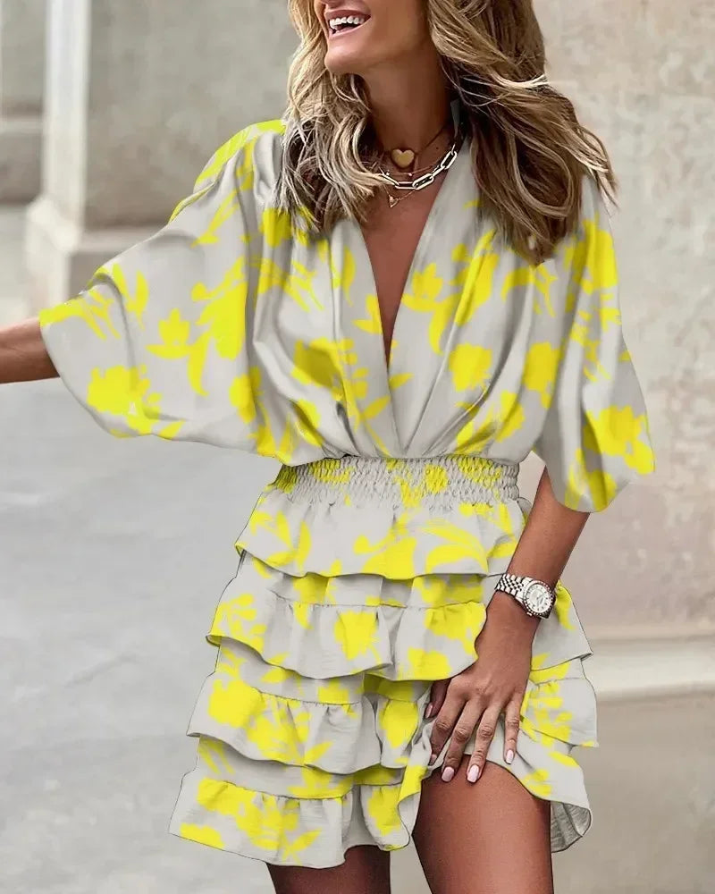 Women Fall V-Neck Loose Batwing Hafl Sleeve Print Dress Fashion Elegant Lace-up Ruffle Beach Mini Dresses Casual Streetwear 2024