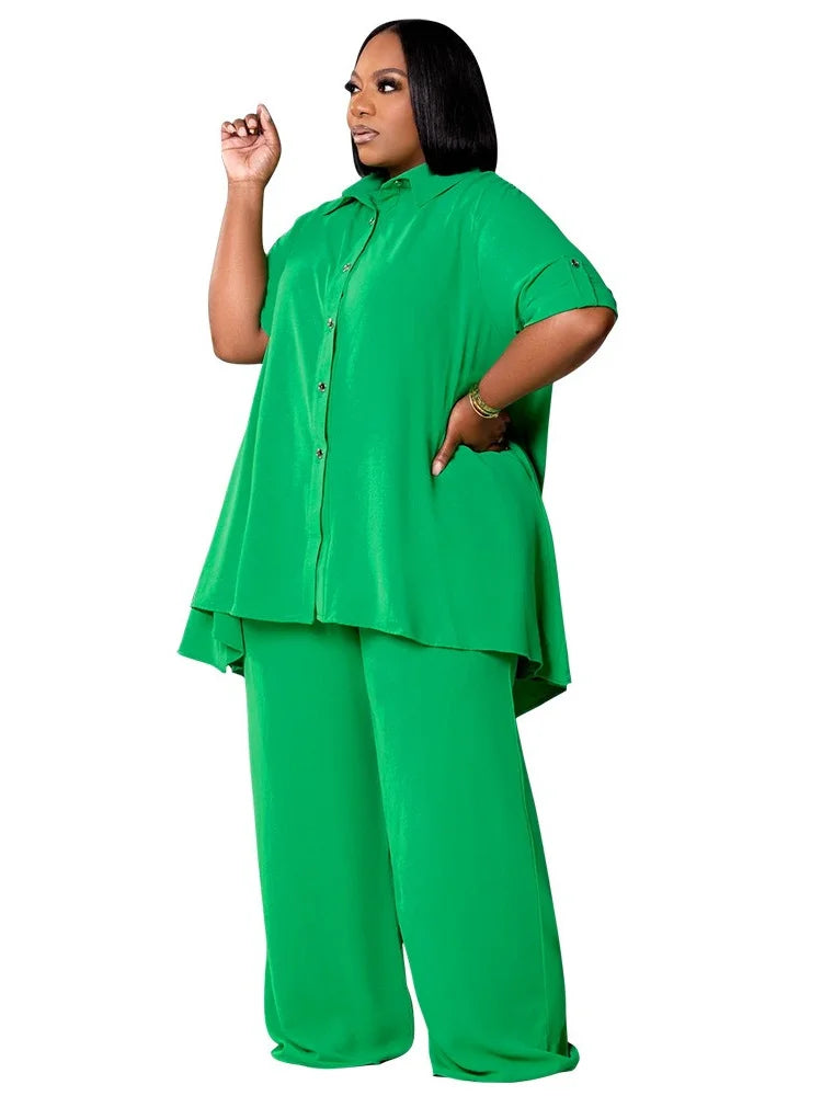 Wmstar Women Plus Size Two Piece Set 5XL Summer Casual Solid Button T Shirt Wide Leg Pants Female Outfits Wholesale Dropshipping