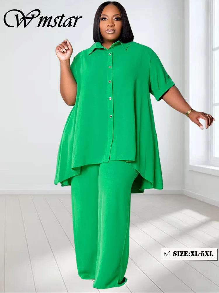 Wmstar Women Plus Size Two Piece Set 5XL Summer Casual Solid Button T Shirt Wide Leg Pants Female Outfits Wholesale Dropshipping
