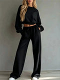 Autumn New Casual O Neck Long-Sleeved Ultra-Short Sweatshirt Trousers