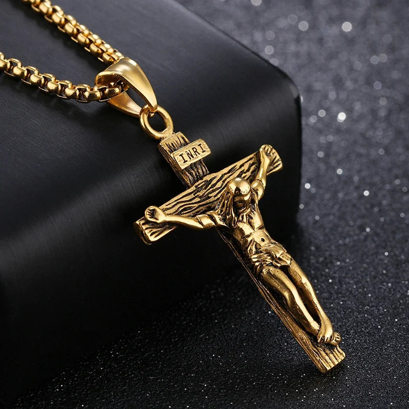 Religious Jesus Cross Stainless Steel Necklace For Men Fashion Gold Silver Color Cross Pendent With Chain Necklace Jewelry Gift