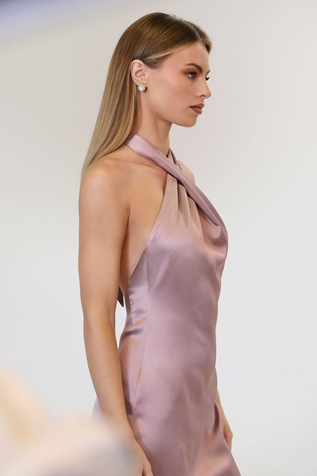 Astee T2005 Fitted Sleek Twisted Halter Top Satin Mermaid Gown