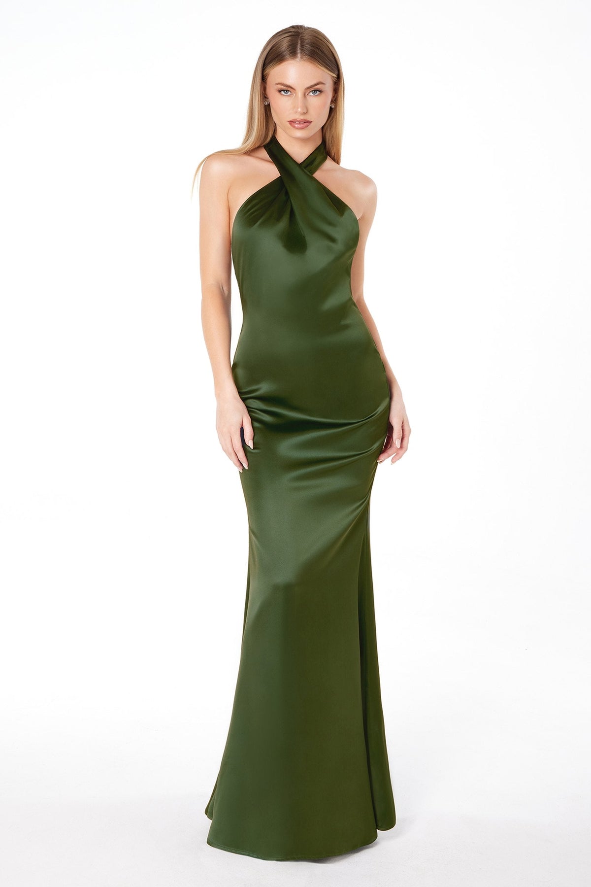 Astee T2005 Fitted Sleek Twisted Halter Top Satin Mermaid Gown