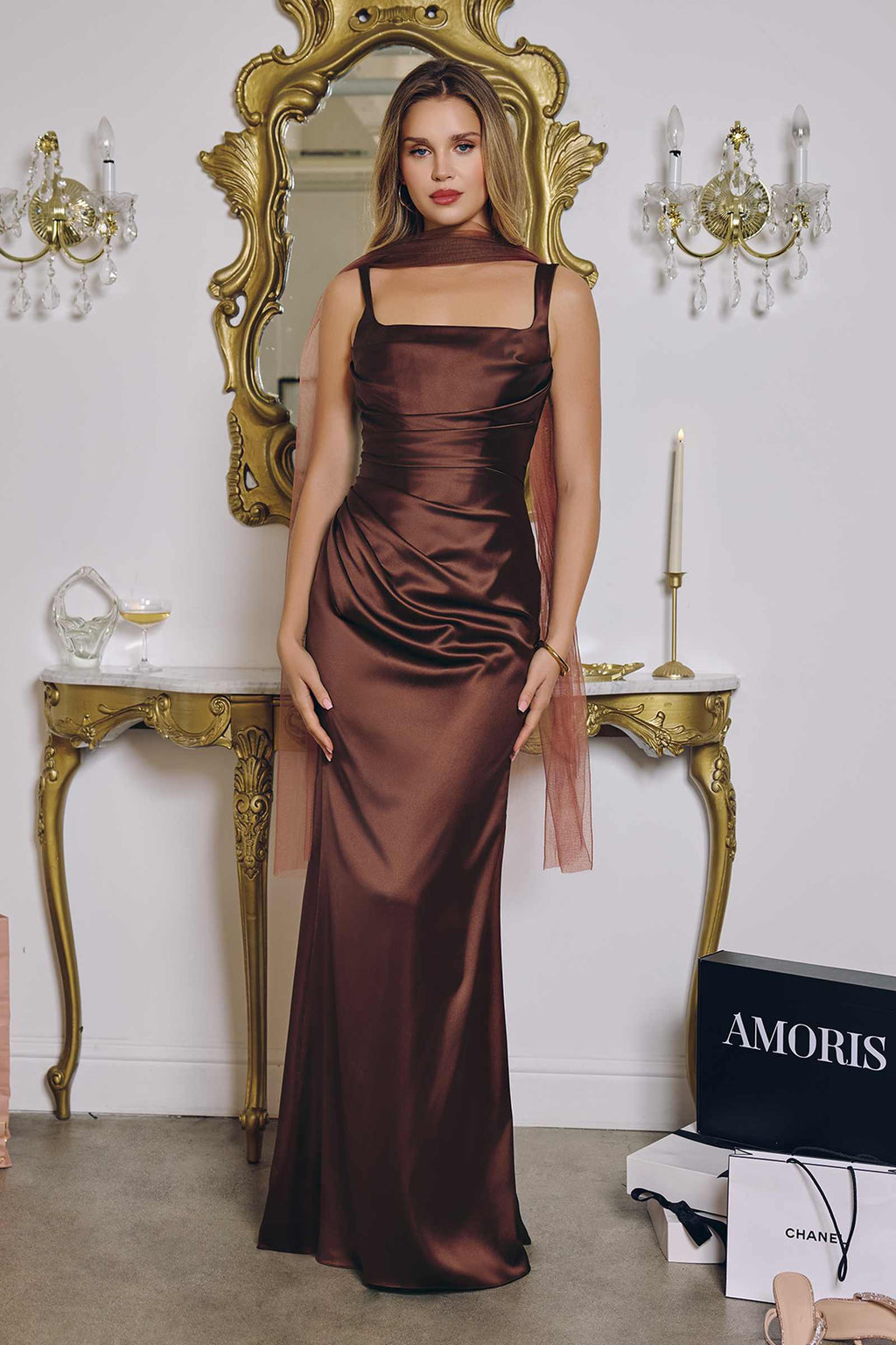 Amoris T729 Sleek Satin Adjustable Straps Fitted Gown