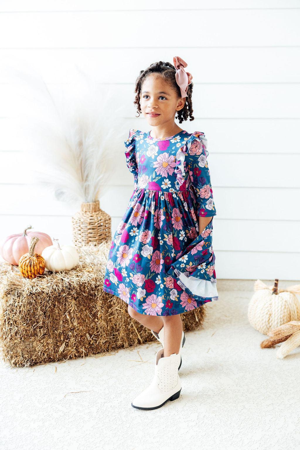 Vintage Garden 3/4 Sleeve Ruffle Twirl Dress