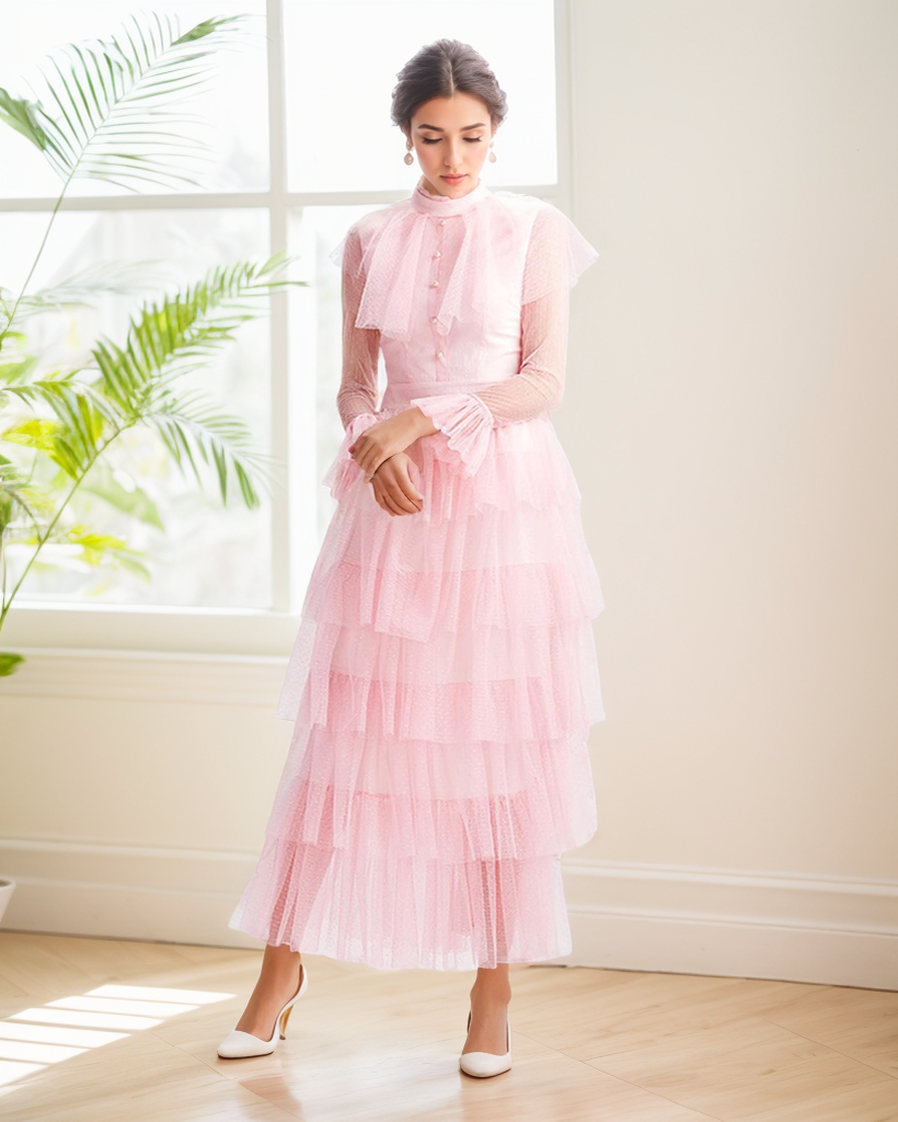 Vintage high neck Layered Ruffle tutu Skirt tulle prom dress with sleeves