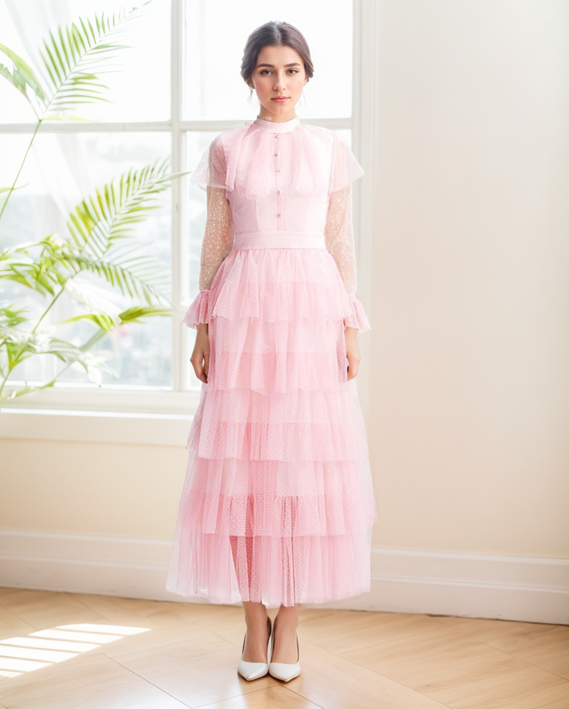 Vintage high neck Layered Ruffle tutu Skirt tulle prom dress with sleeves