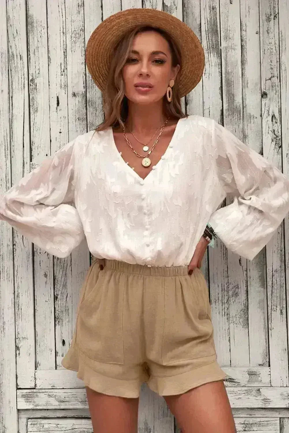 Khaki Flutter Shorts – Women Casual Pockets | Polyester-Spandex Blend