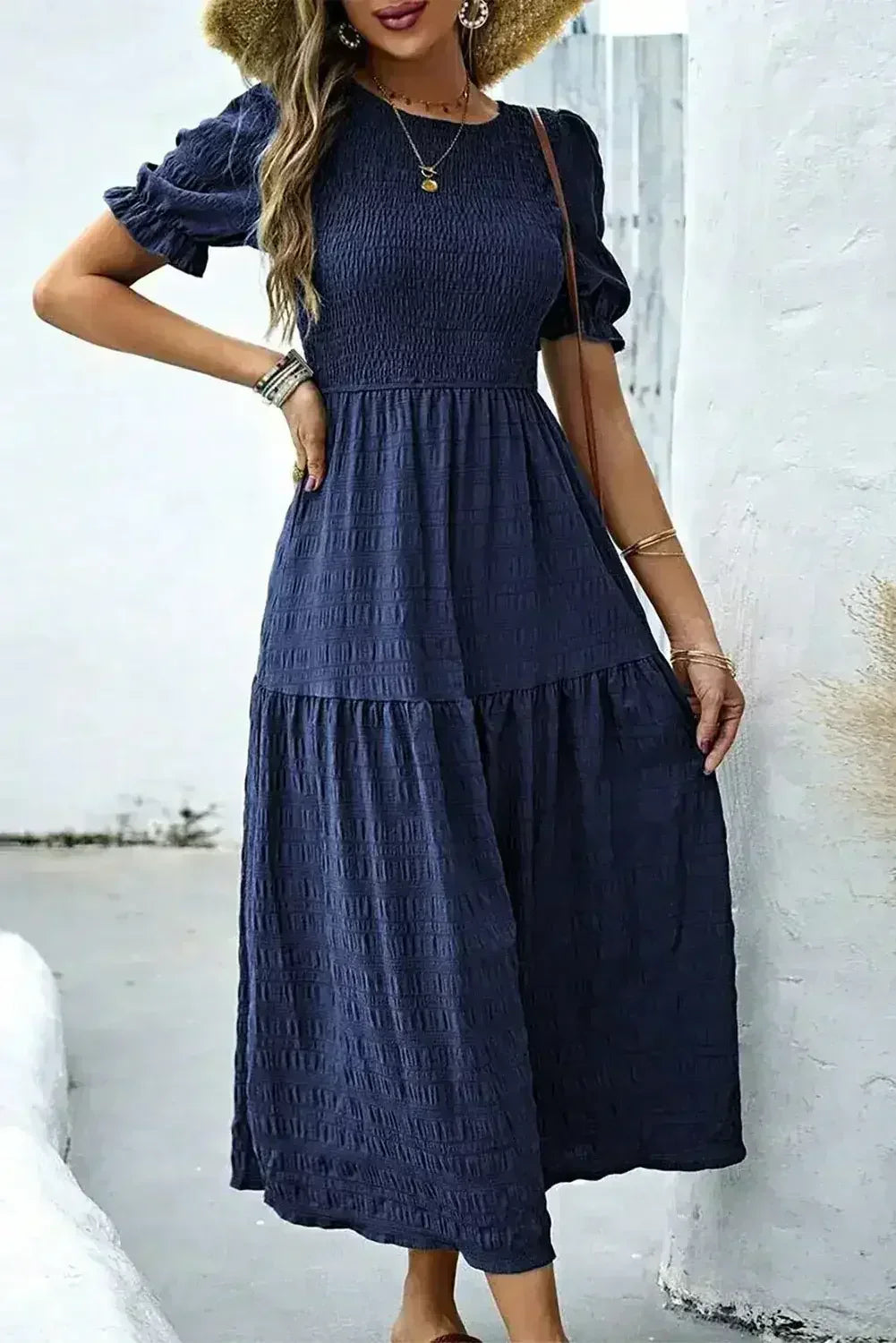 Sail Blue Solid Textured Smocked High Waist Midi Dress