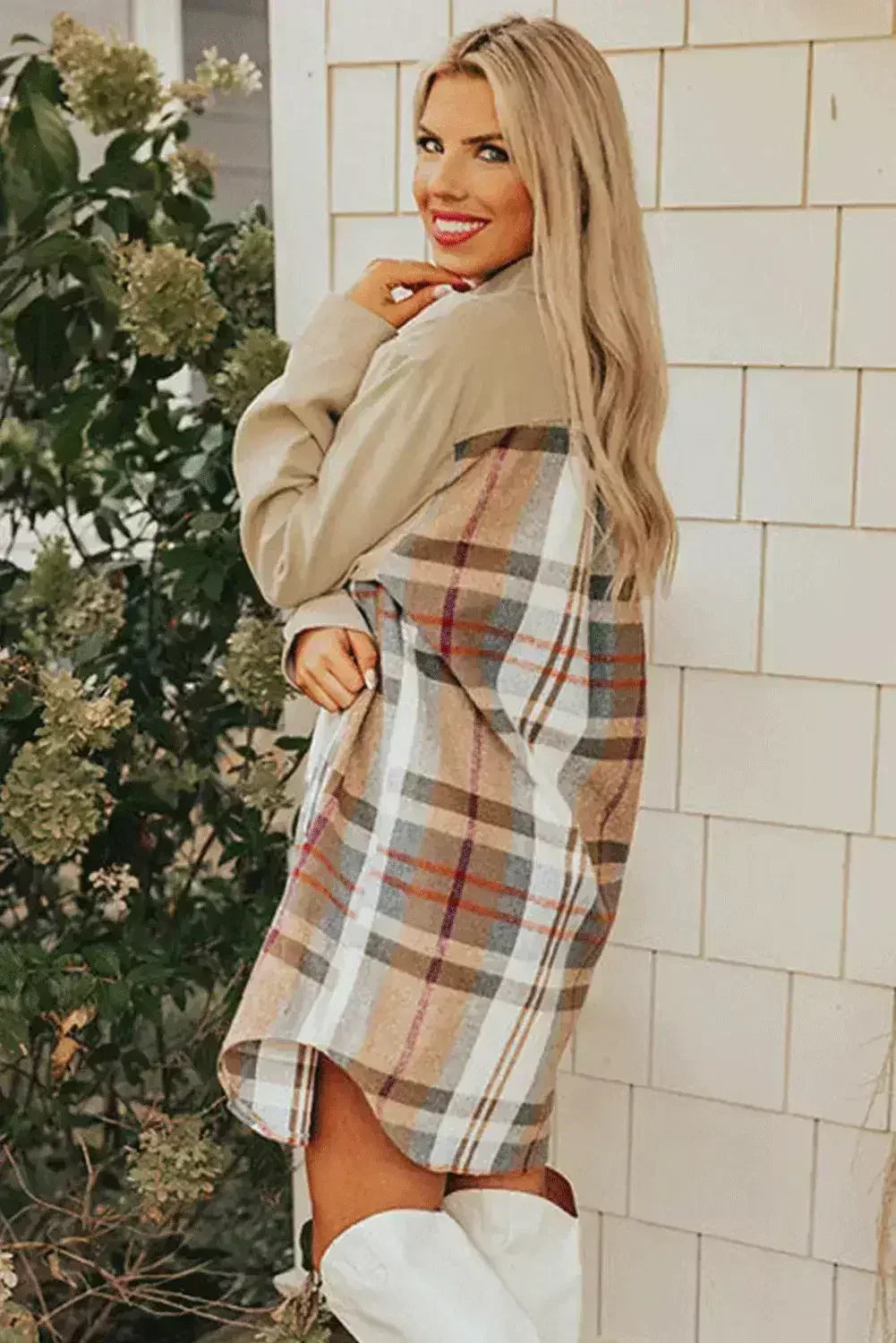 Khaki Plaid Patchwork Long Sleeve Mini Dress with Pockets