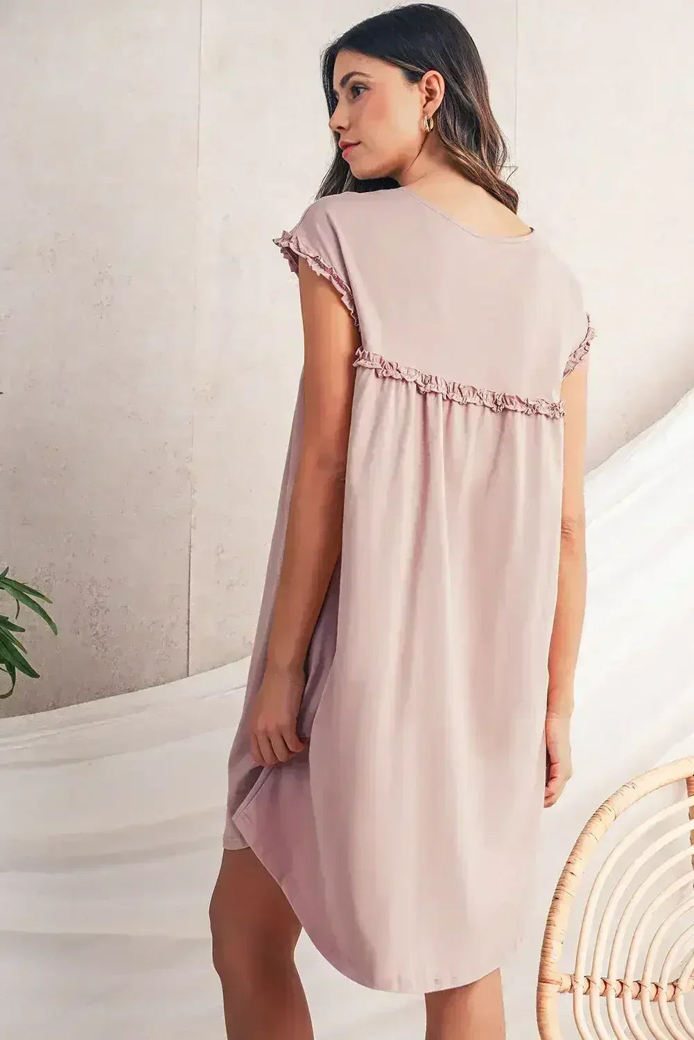 Oatmeal Frilled Trim Crewneck Loose Fit Mini Dress