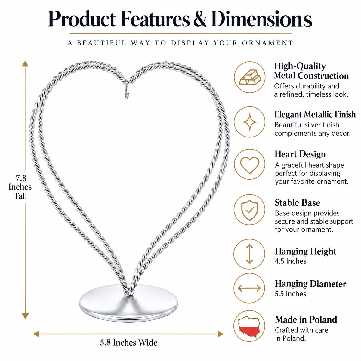Double Wire Heart Twisted Silver Metal Ornament Display Stand 7.8 Inches