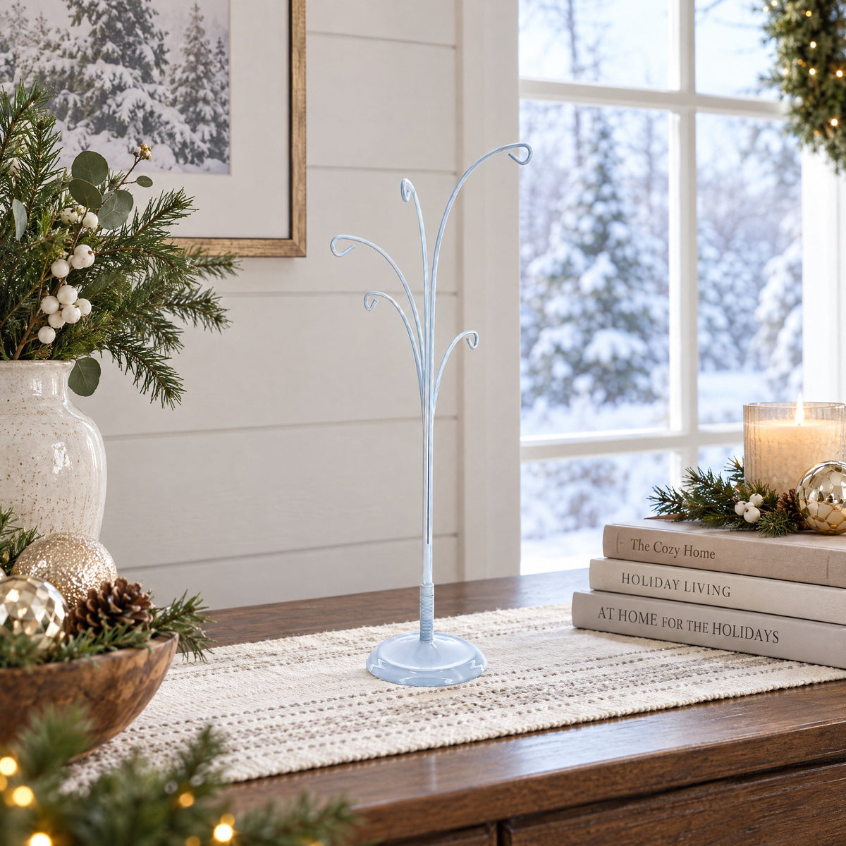 5-Arm Scroll Tree Branches White Painted Metal Ornament Display Stand 14.5 Inches