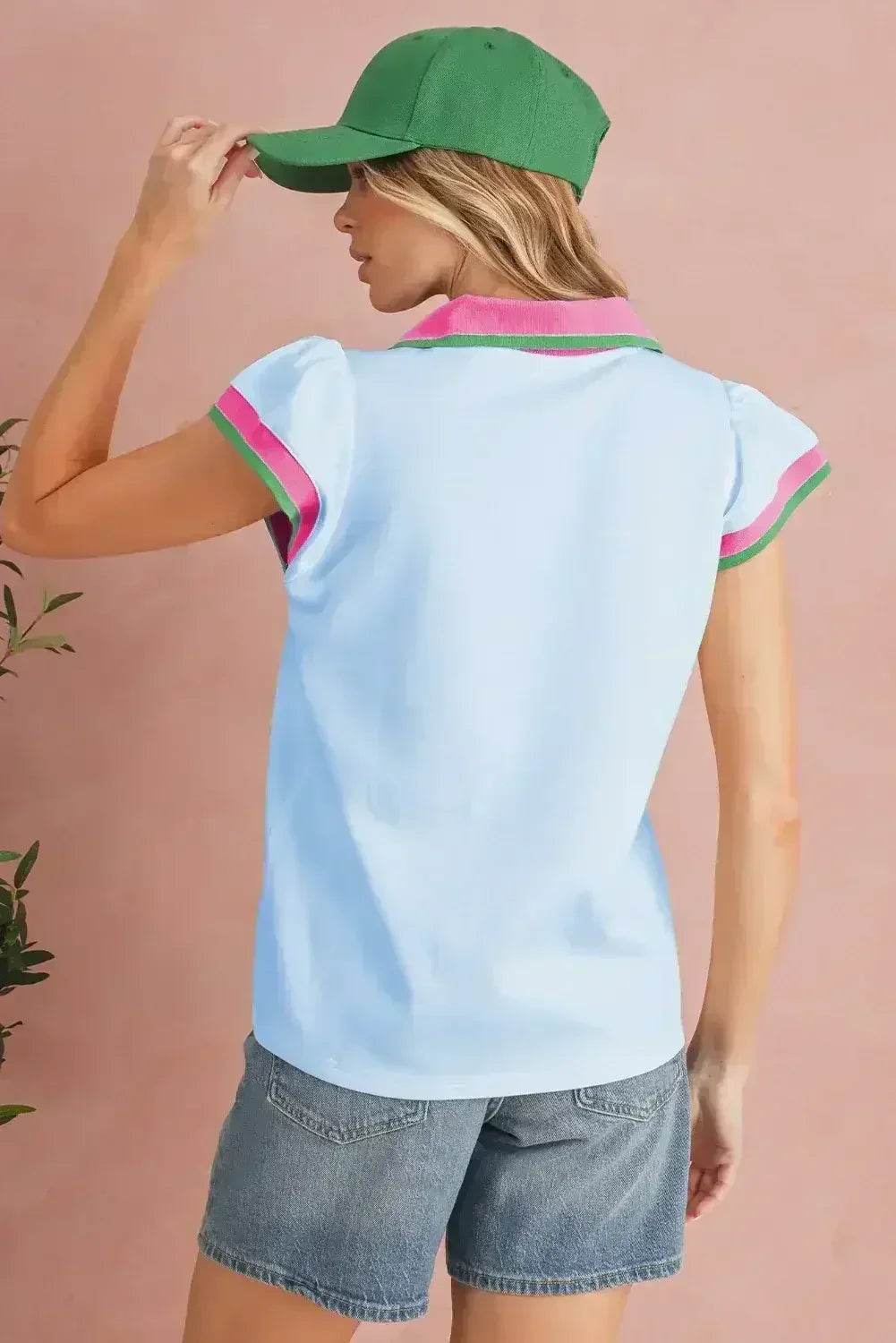 Beau Blue Color Collared V Neck Ruffle Sleeve Blouse | Femstylo