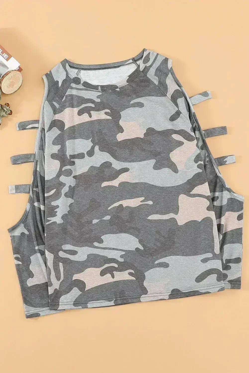 Camouflage Shoulder To Hollow Out Long Sleeve Top