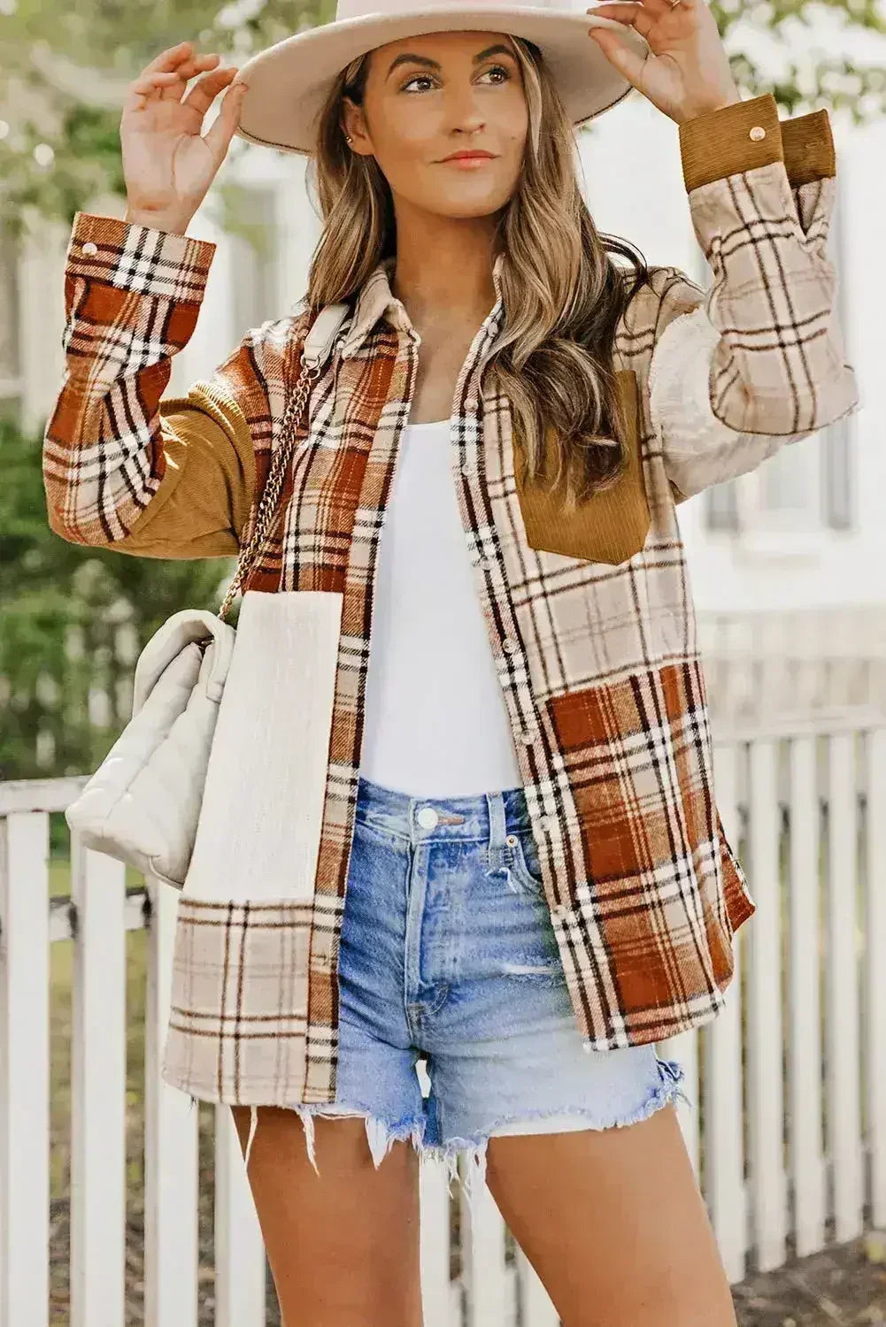 Plaid Color Block Patchwork Shirt Jacket with Pocket