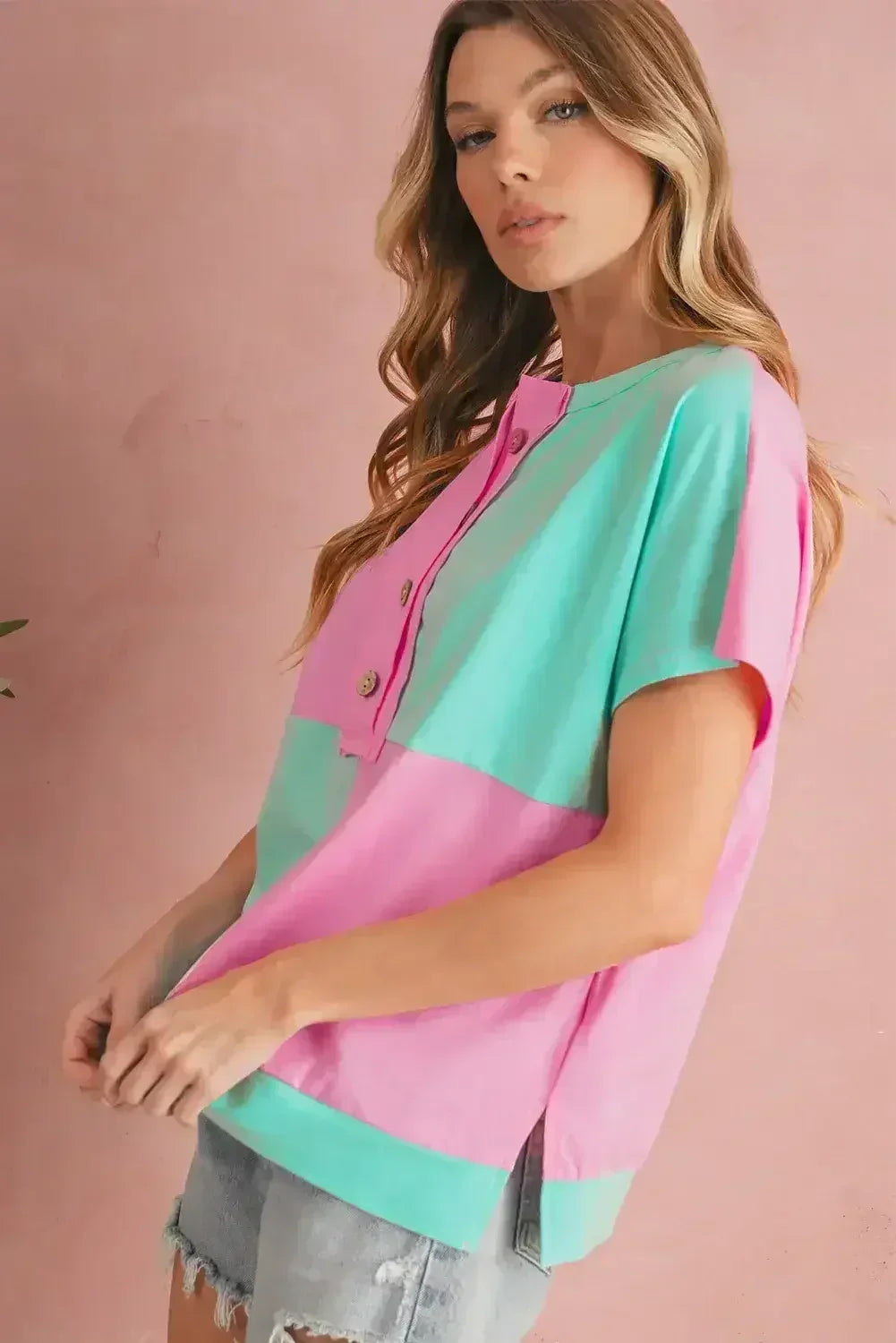 Mint Green Colorblock Half Buttons Henley T Shirt