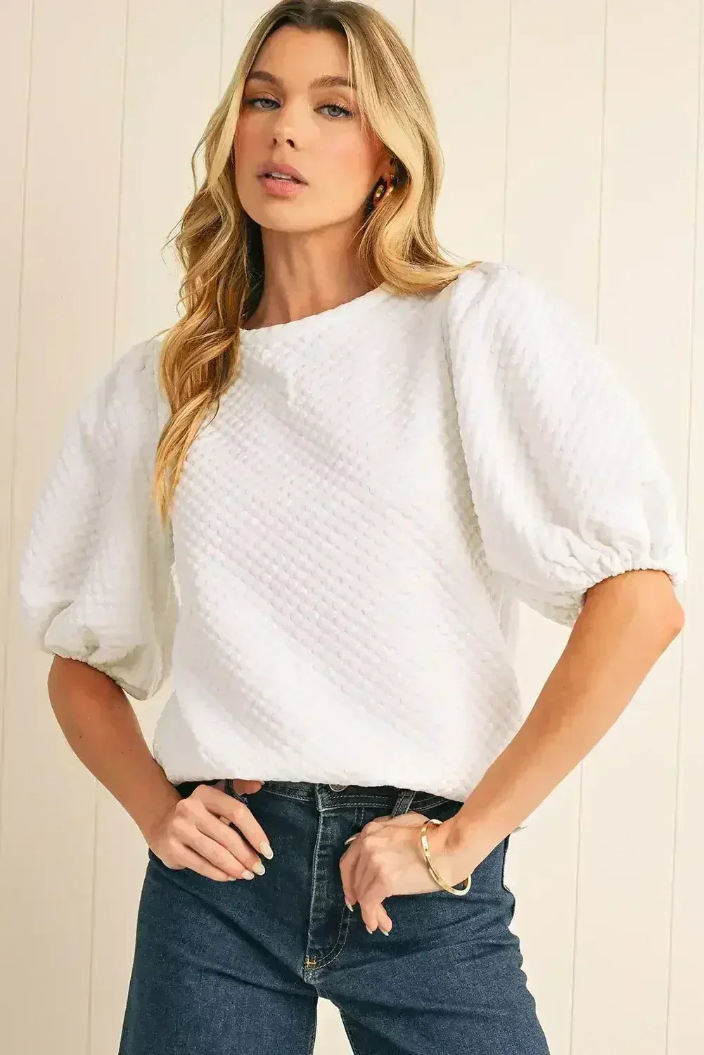 Phalaenopsis Solid Textured O Neck Puff Sleeve Blouse | Femstylo