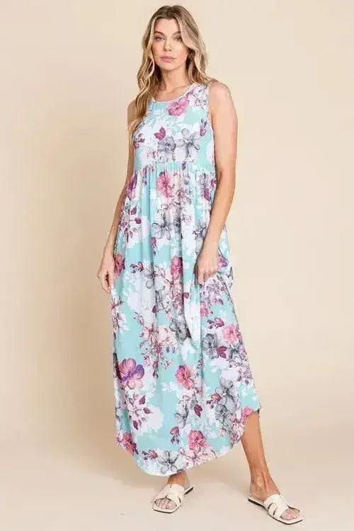 BOMBOM Floral Round Neck Sleeveless Maxi Dress with Pockets