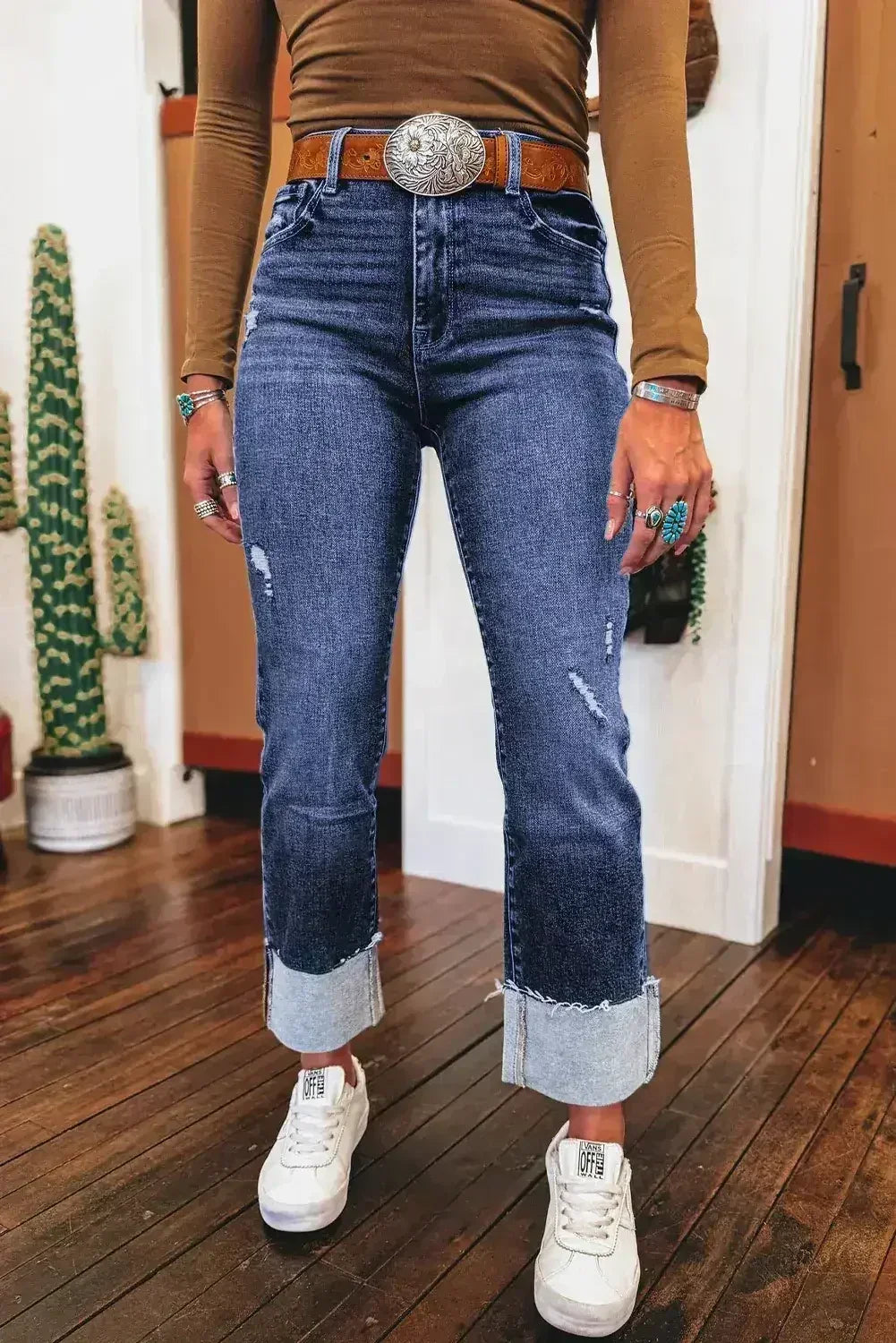Real Teal Folded Cuffs Distressed High Waist Jeans