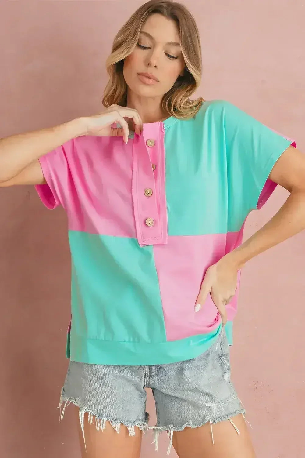 Mint Green Colorblock Half Buttons Henley T Shirt