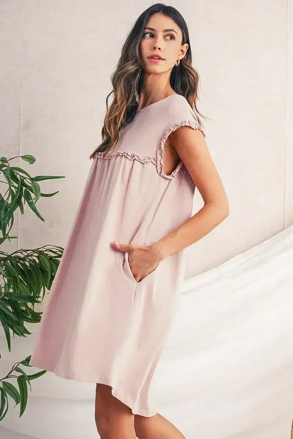 Oatmeal Frilled Trim Crewneck Loose Fit Mini Dress