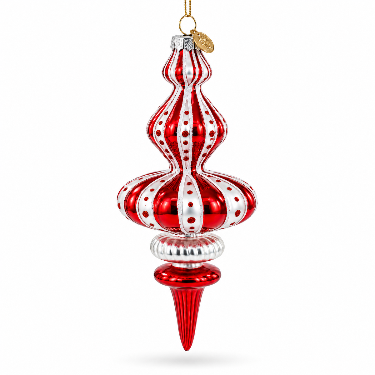 Red and White Striped Swirl Finial Glass Finial Christmas Ornament