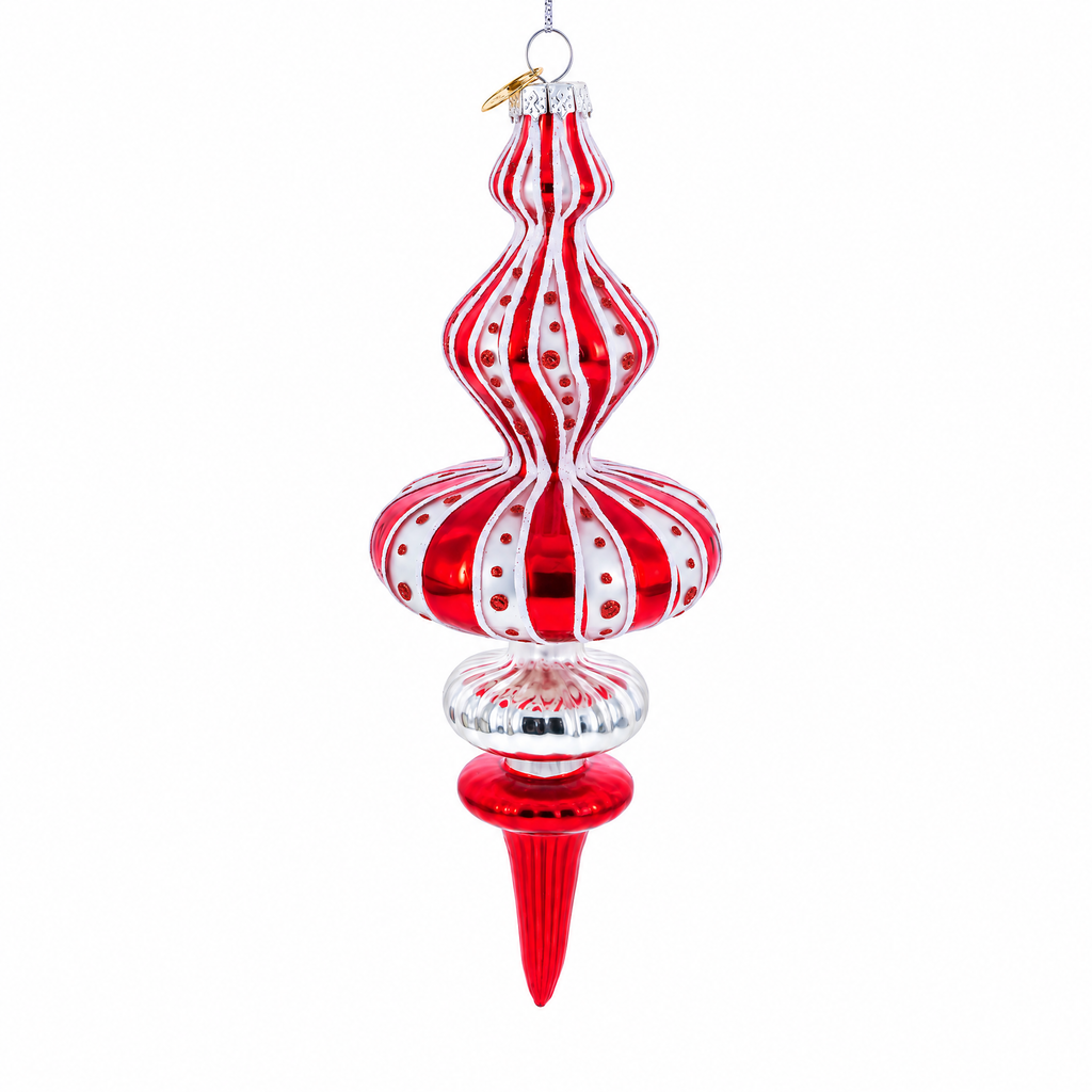 Red and White Striped Swirl Finial Glass Finial Christmas Ornament
