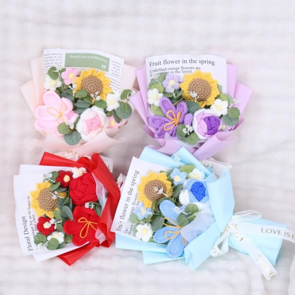 Crochet Flower Bouquet – Sunflower, Rose & Tulip Gift for Birthday or Valentine’s Day