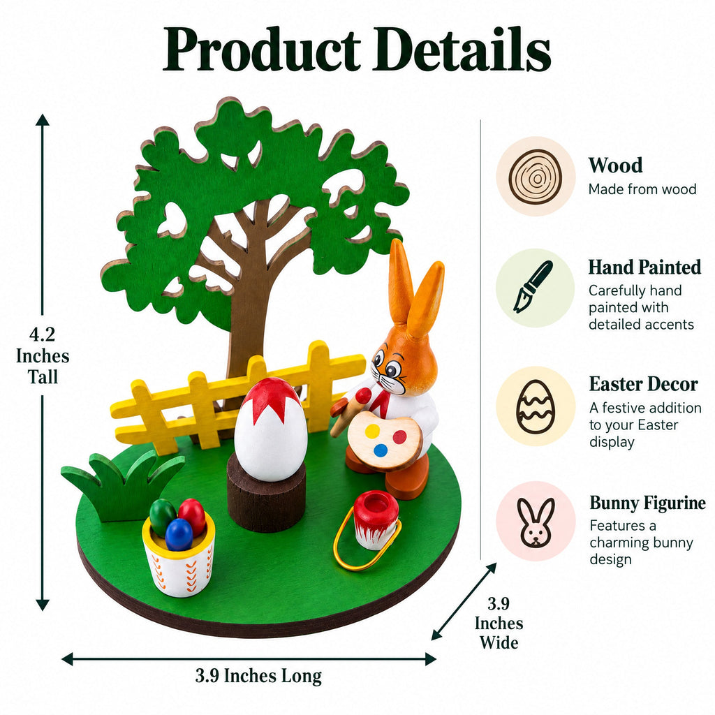 Wooden Bunny Figurine Decorating Easter Eggs Tabletop Scene 4.2 Inches Tall
