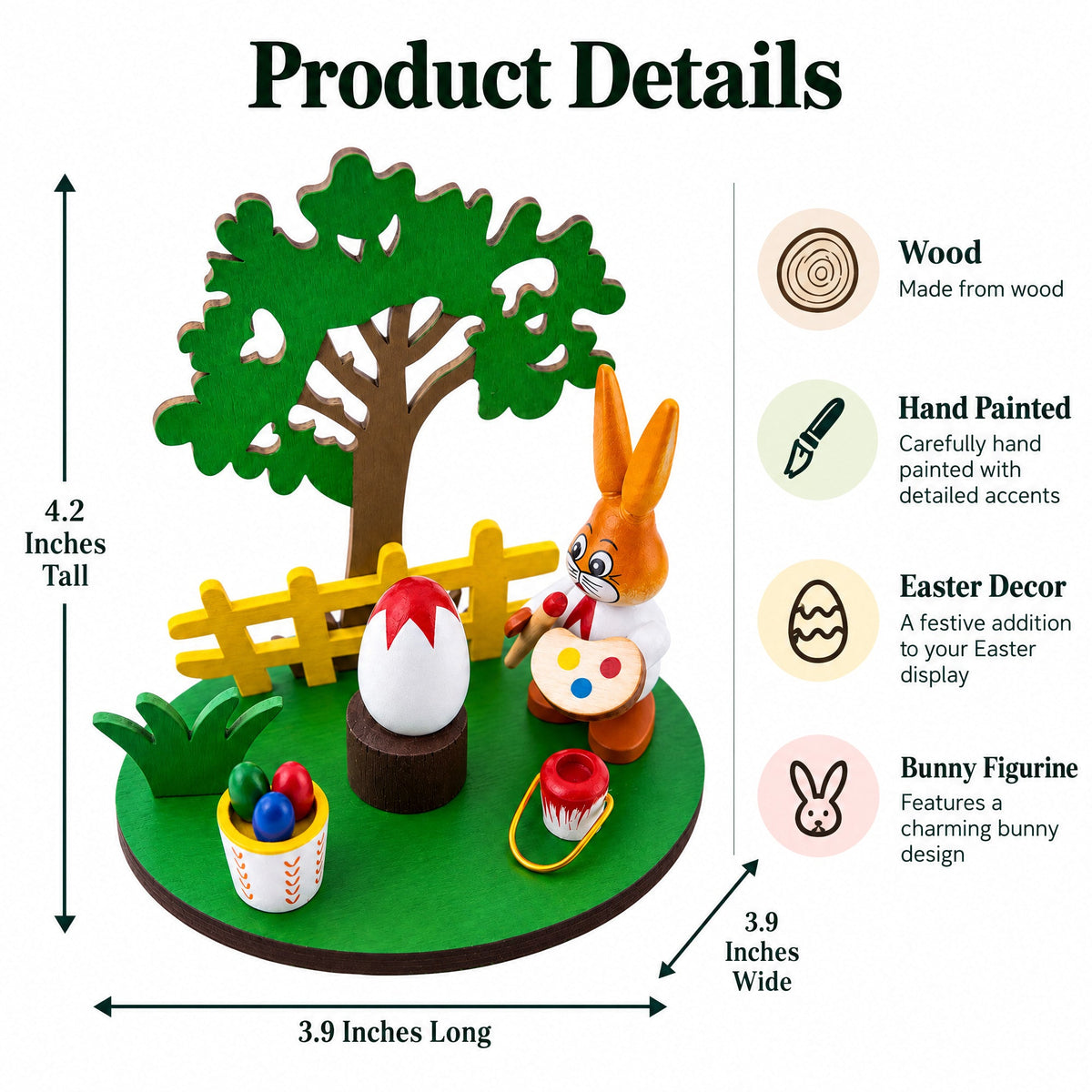 Wooden Bunny Figurine Decorating Easter Eggs Tabletop Scene 4.2 Inches Tall