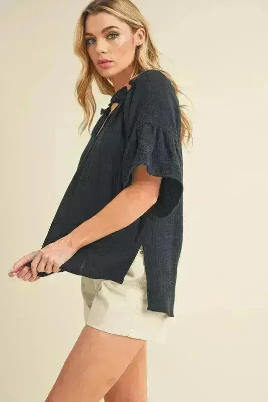 Aemi + Co Side Slit Notched Ruffled Half Sleeve Blouse