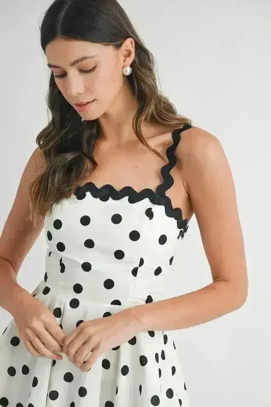 Polka Dot Mini Dress – Ricrac Trim Strap & Smocked Back