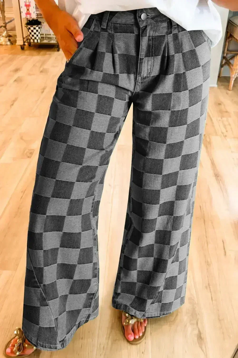 Dusk Blue Checkered Light Washed Wide Leg Jeans