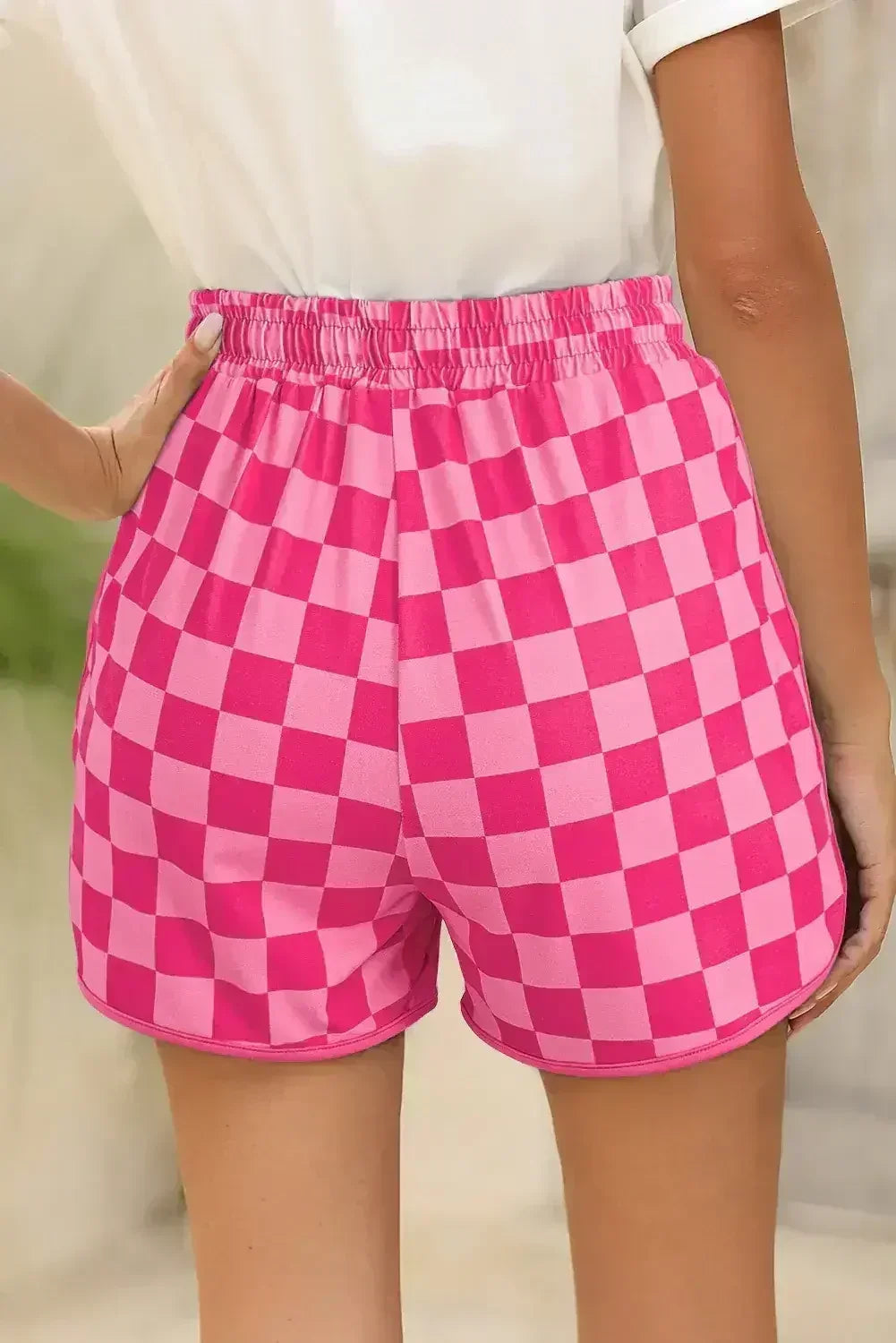 Black Checkered Drawstring Elastic Waist Casual Shorts