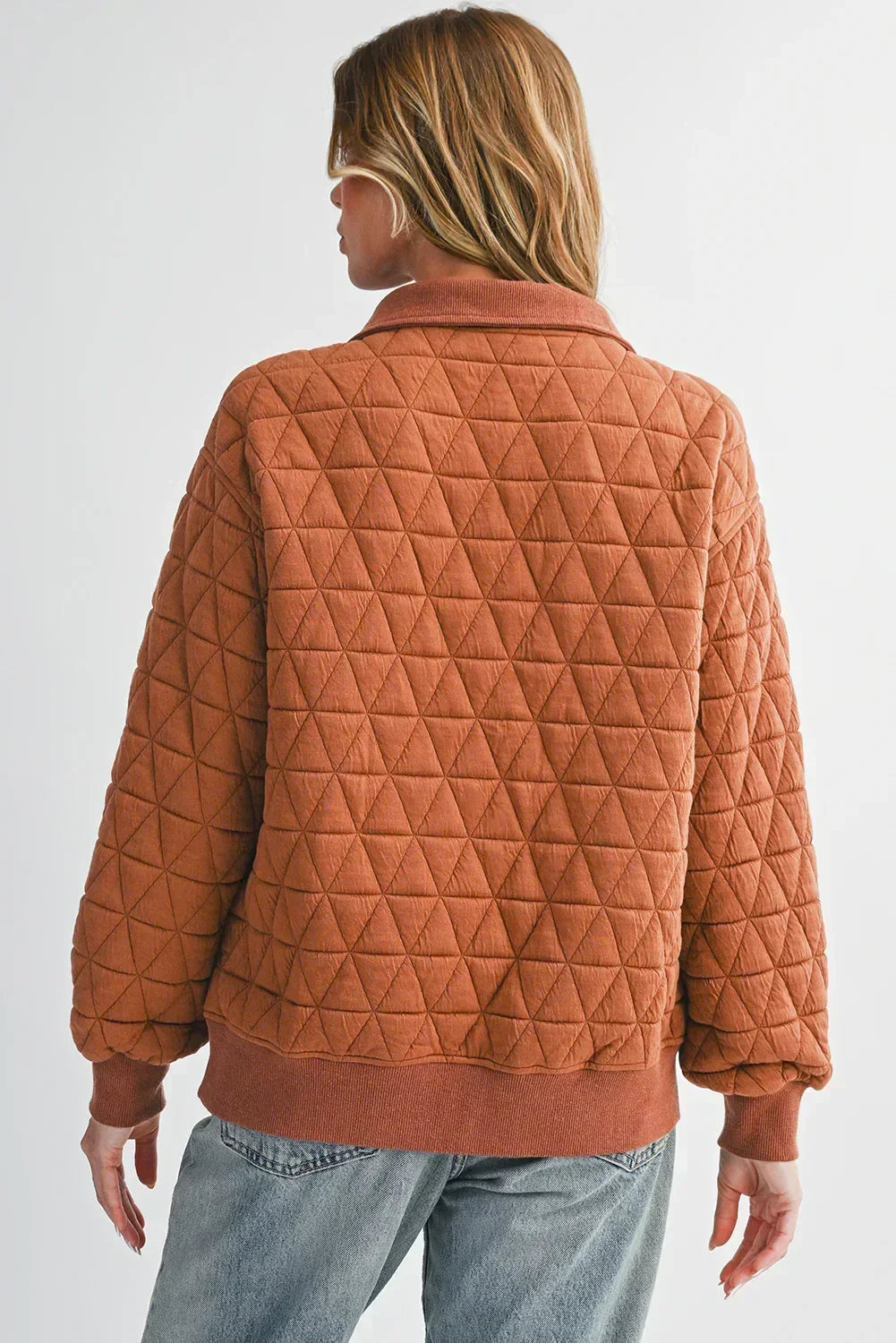 Brown Textured Zipper Neck Long Sleeve Pullover Sweatshirt - Femstylo