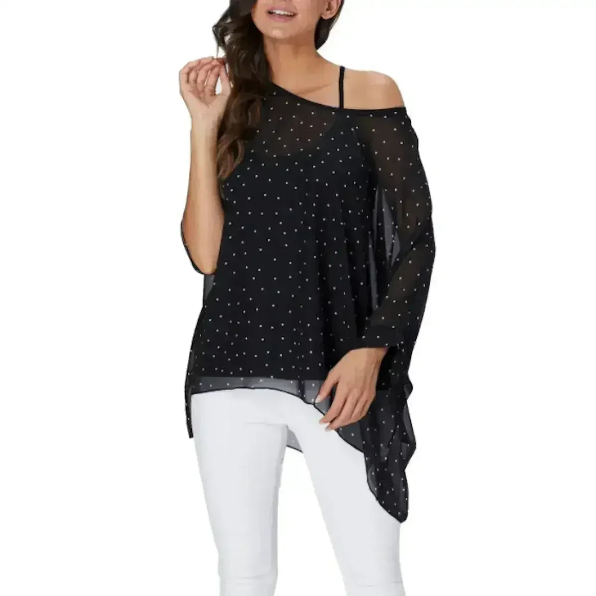 Black Polkadot Chiffon Tunic Top - Batwing Sleeves | Femstylo