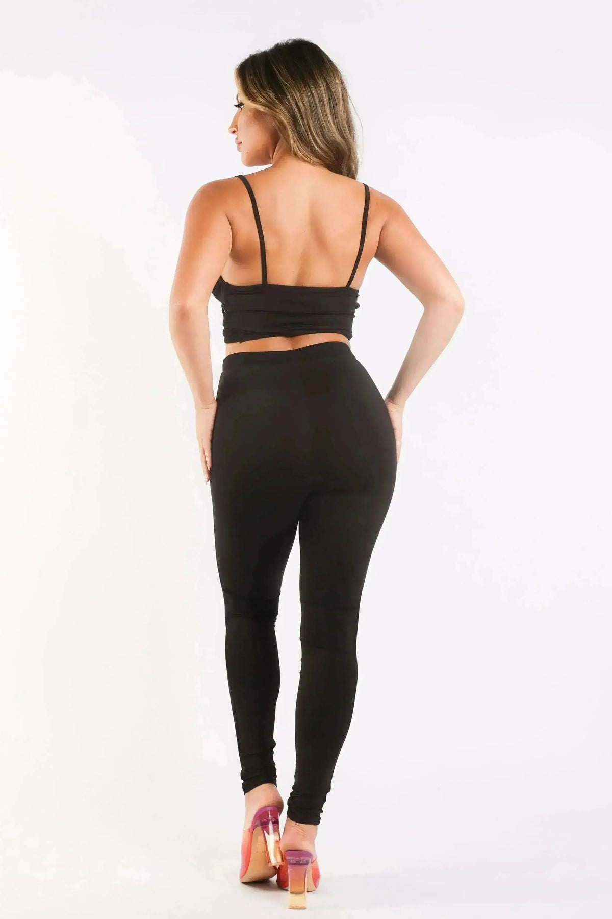 Mesh Contrast Sets Casual Sports Strappy Sleeve Top & Leggings BLACK