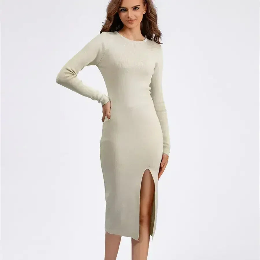 Autumn And Winter Long Sleeve Knitted Backless Round Neck Dress