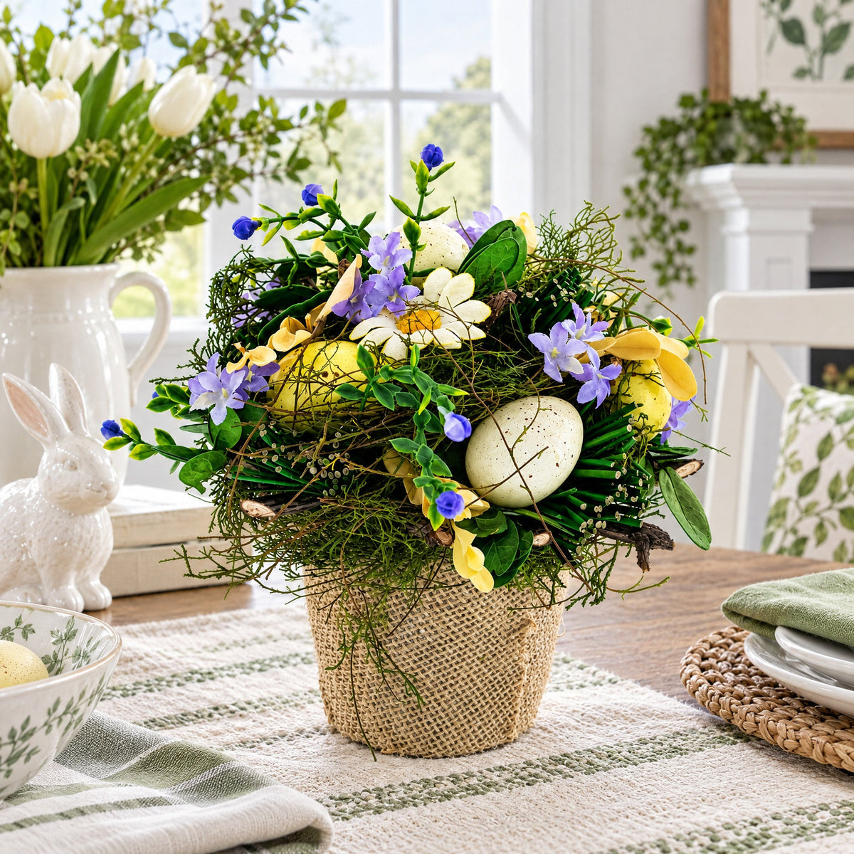 Easter Egg & Floral Arrangement – Rustic Spring Tabletop Decor in Burlap Pot 6.4 Inches Tall